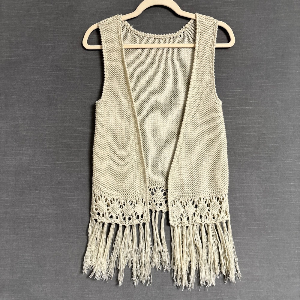 Crochet Vest S Cream Pointelle Fringe Boho Festival Layering Knit Hippie Western